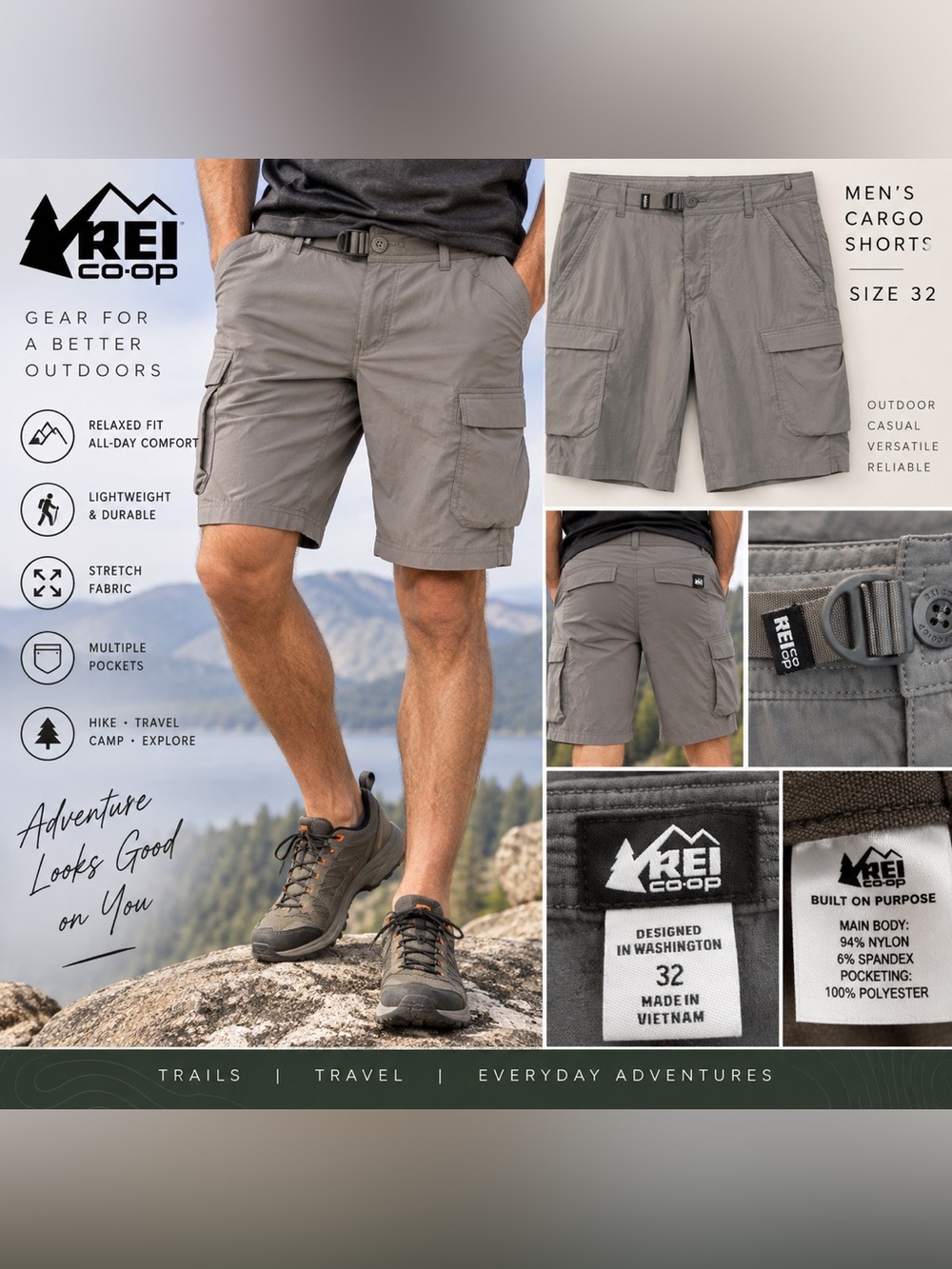 REI Co-op Men's Relaxed Fit Cargo Hiking Shorts Gray Size 32